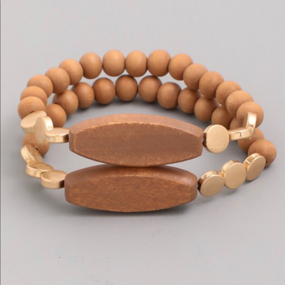 Natural Wood Double Bead & Coin Bar Bracelet